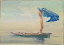 Girl in Bow of Canoe Spreading Out Her Loin-Cloth for a Sail, Samoa, 1895-1896. Creator: John La Farge.