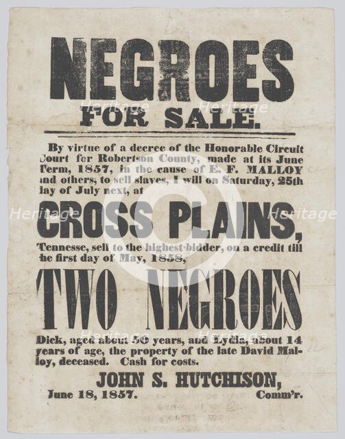Broadside announcing the sale of a man, Dick, and a girl, Lydia, 1857. Creator: Unknown.