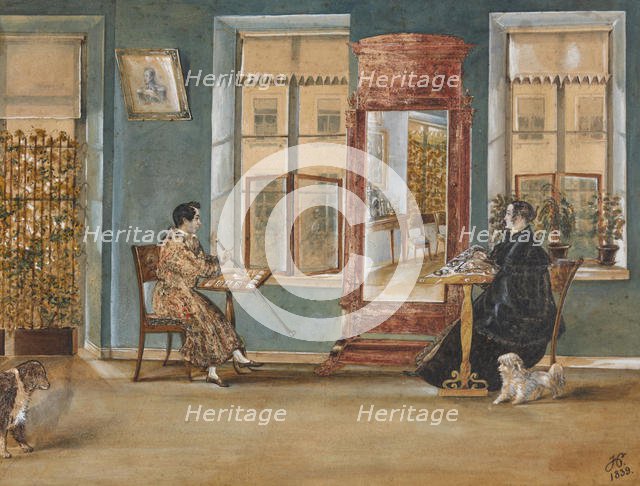 Actor Nikolay Osipovich Dur (1807-1839) with his woman in the living room, 1839. Creator: Hampeln, Carl, von (1794-after 1880).