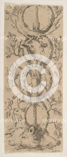 Heads of a Stag and Two Boars in Rinceaux of Oak Branches, ca. 1653. Creator: Stefano della Bella.