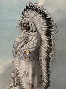 Native North American costume: a man wearing a decorated robe and a feather headdress, (1855?). Creator: Thomas Bateman.