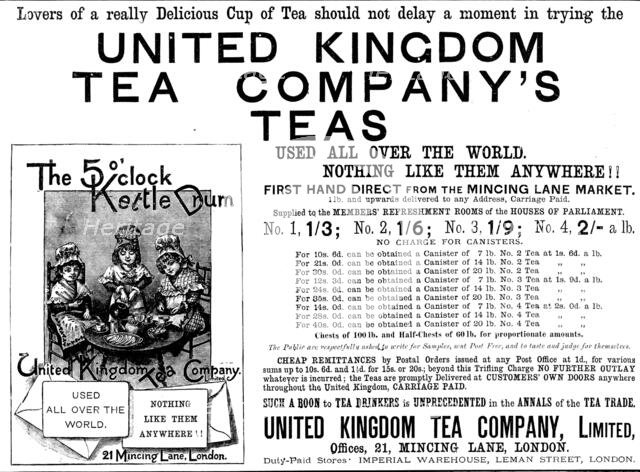 Advertisement for United Kingdom Tea Company’s Teas, 1890. Creator: Unknown.