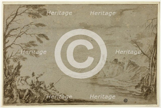 Hunters with Dog Beside River, n.d. Creator: Marco Ricci.