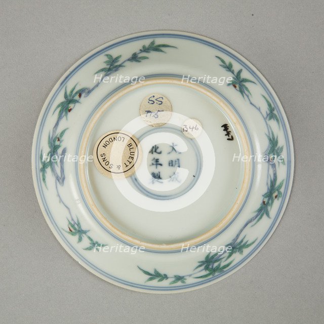 Doucai saucer with fruiting peach, late Kangxi period (1700-1722). Artist: Unknown.