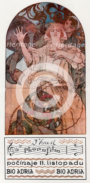 DeForest Phonofilm. Presentation of one of the first musical sound films at the Adria in Prague, 1927. Artist: Mucha, Alfons Marie (1860-1939)
