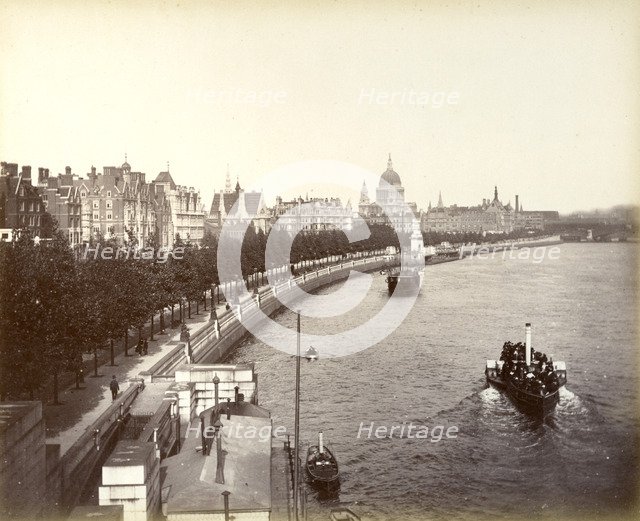 Victoria Embankment, showing Temple Gardens and St Paul's Cathedral, London, 1887. Artist: Unknown