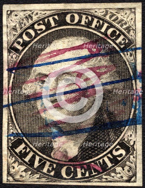 5c Washington New York postmaster provisional RHM signed single, 1845-1846. Creator: Unknown.