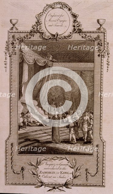 Vasco de Gama appearing before the Zamorin (or king) of Calicut, engraving in the work 'Voyages a…