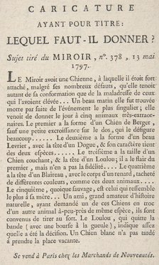 Caricature, Ayant Pour Titre: Lequel Faut-il Donner?, Sujet tiré du Miroir, no. 378, 13 Ma..., 1797. Creator: Anon.