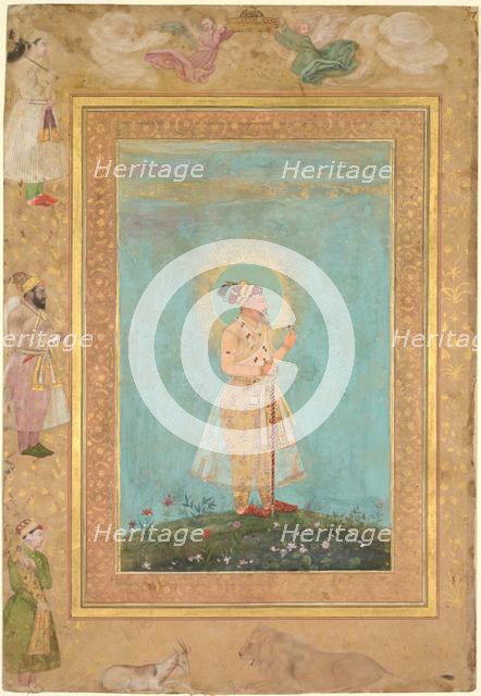 Shah Jahan holding a spinel and a long Deccan sword, from the Late Shah Jahan Album, c. 1650. Creator: Hashim (Indian, active 1598-c.1650), attributed to.