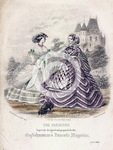 Two women wearing the latest fashions in an outdoor setting, 1860. Artist: Anon