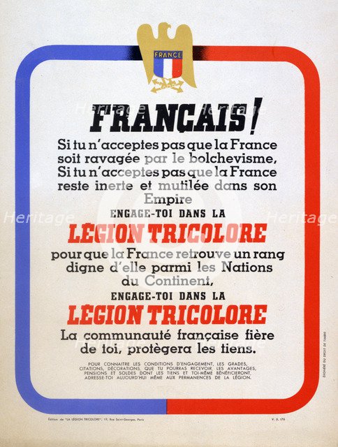 Recruitment poster for the Vichy French Légion Tricolore, 1942. Artist: Unknown