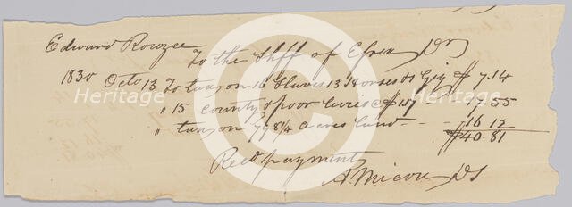 Record of taxes on property, including enslaved persons, owned by Edward Rouzee, October 13, 1830. Creator: Unknown.