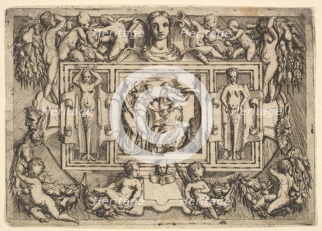 The Cumeaean sibyl walking to the right and carrying a tray, followed by three wome..., ca. 1540-80. Creator: Battista del Moro.