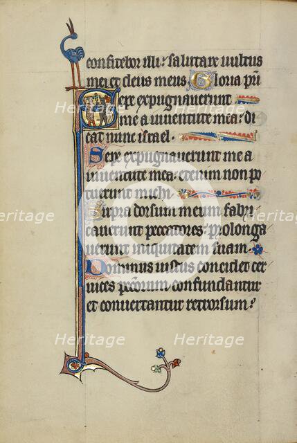 Initial S: A Man with a Cross Chasing Away Two Devils; Ruskin Hours, about 1300. Creator: Unknown.