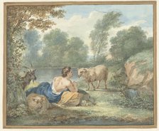 Shepherd with sheep in a landscape with a lake, 1781. Creator: Aert Schouman.