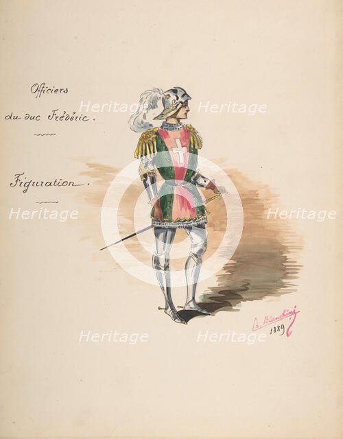 Costume Design for "Officiers du duc Frédéric" [a]; Descriptive Sheet of Costume..., 1889. Creator: Charles Bianchini.