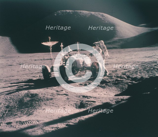 Apollo 15 astronaut James Irwin with the Lunar Rover, August 1971. Artist: Unknown