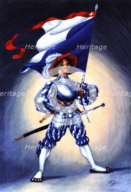 Flag bearer from the canton of Zurich, c. 1510. Color engraving from 1943, published by Editions …