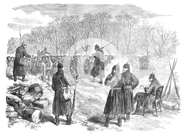 Prussian barricade on the Rueil road: French peasants waiting to pass to their villages, 1871. Creator: Unknown.