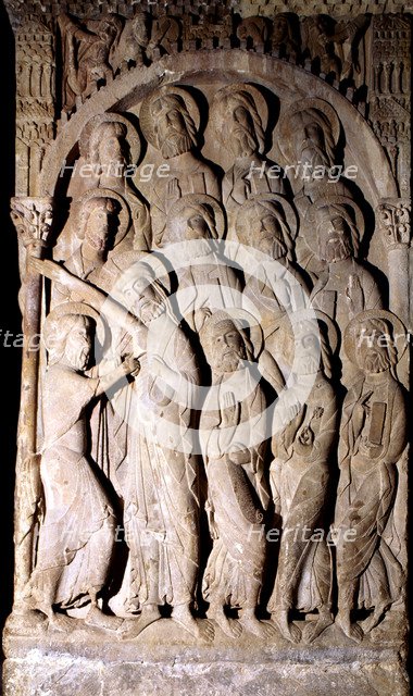 Monastery of Santo Domingo de Silos, cloister, detail of the relief showing the incredulity of Sa…