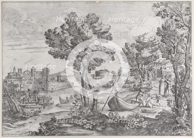 Landscape with a man holding a snake to a terrified child, watched by a fashionably dre..., 1626-80. Creator: Giovanni Francesco Grimaldi.