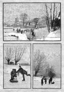 Scenes on the frozen Thames: an extemporised sledge; at Twickenham; near Teddington, 1881. Creator: Unknown.