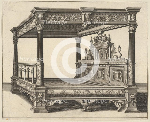 Canopy Bed from 'Verscheyden Schrynwerck (...)' ['Plusieurs Menuiseries (...)'], 1658. Creator: Paul Vredeman de Vries.