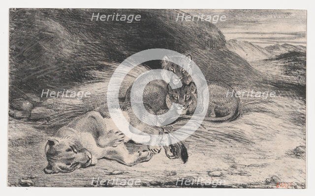 Lioness and Cubs, possibly 1832. Creator: Antoine-Louis Barye.