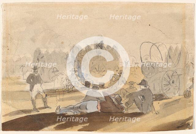 Caravan with Covered Wagons Resting [recto], 1861. Creator: Winslow Homer.