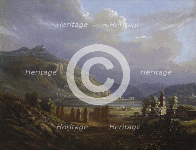 Landscape from Sogn with Gaupne church, Undated. Creator: Knud Geelmuyden Bull.