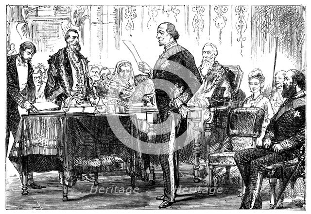 Benjamin Disraeli (1808-1881) receiving the freedom of the city of London, 1878. Artist: Unknown