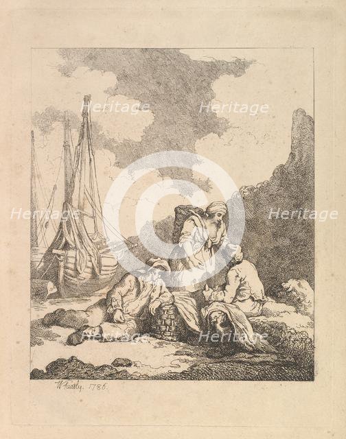 Fishermen by the Shore - Coastal Scene with a Man Sitting on the Ground Resting an Elbow o..., 1786. Creator: Thomas Rowlandson.
