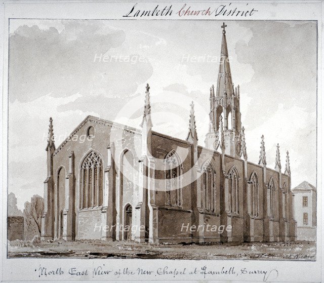 North-east view of the Church of St Mary the Less, Lambeth Butts, London, 1828. Artist: John Chessell Buckler