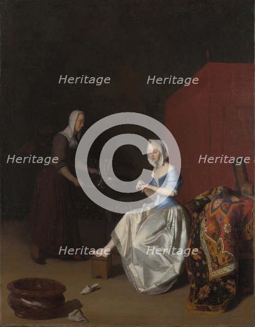 A Young Lady trimming her Fingernails, attended by a Maidservant, c. 1670. Artist: Ochtervelt, Jacob Lucasz. (1634-1682)