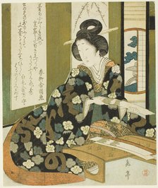 A Woman with a Poem Card, from the series "A Set of Seven for the Katsushika Club", c. 1825. Creator: Gakutei.