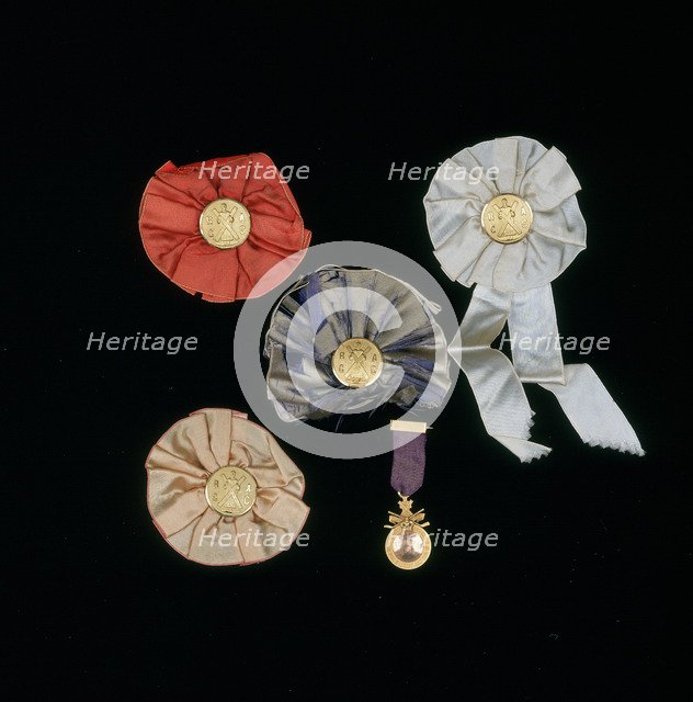 Rosette badges given by Harold W Pierce with Royal and Ancient Golf Club buttons in rosette badges Artist: Unknown
