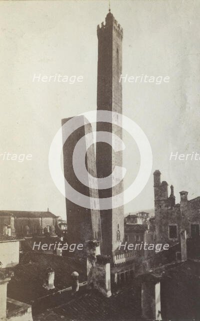 The Two Towers, AsinelIi and Garisenda, from the north, Bologna, between 1880-1886. Creator: Giorgio Sommer.