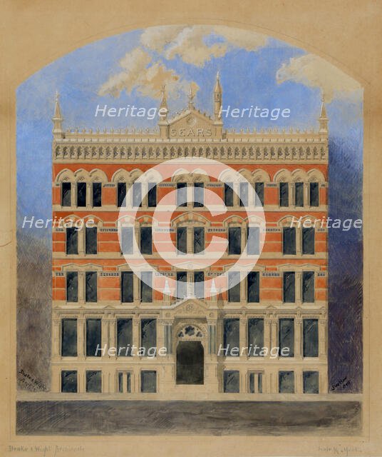 Sears Building, Chicago, Illinois, Elevation of Competition Drawing, c. 1873. Creator: Carter Drake and Wight.