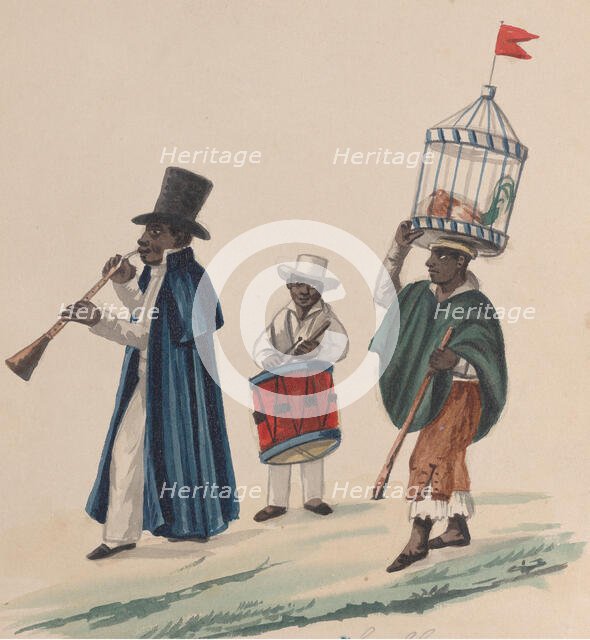 Two musicians and a man carrying on his head a rooster in cage, from a group of..., ca. 1848. Creator: Attributed to Francisco (Pancho) Fierro.