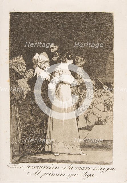 Plate 2 from 'Los Caprichos' : They say yes and give their hand to the first comer (El si ..., 1799. Creator: Francisco Goya.
