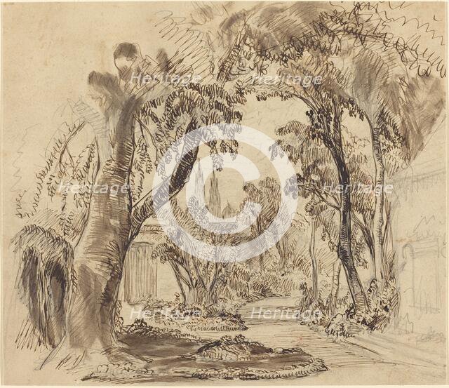 A Tree-lined Garden Path (Preliminary Sketch for "Sleeping Beauty and the Beast"?), 1900?. Creator: Robert Caney.