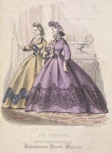 Two women model the latest fashions, 1864. Artist: Anon