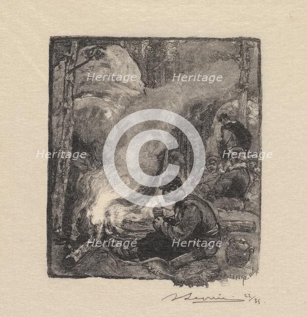 Fontainebleau Forest: Woodcutters Meal (La Forêt de Fontainebleau: Le repas des Bûcherons), 1890. Creator: Auguste Louis Lepère (French, 1849-1918); A. Desmoulins, Published in Revue Illustrée, 1887-90.