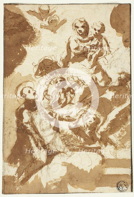 Virgin and Child on Clouds with Kneeling Male Saint (recto); Sketch of Two Female..., n.d. Creator: Unknown.