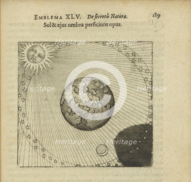 Emblem 45. The sun and its shadow accomplish the work, 1816. Creator: Merian, Matthäus, the Elder (1593-1650).