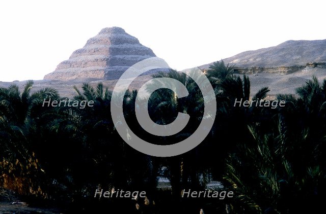 Step Pyramid of King Djoser behind the Nile's flood plain, Saqqara, Egypt, 3rd Dynasty, c2600 BC. Artist: Imhotep
