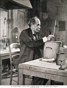 Marcelin Berthelot (1827-1907), French chemist and historian in his lab in 1901, engraving in L'I…