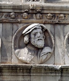 Medallion in stone on the facade of the old Hospital of San Marcos representing King Charles I of…