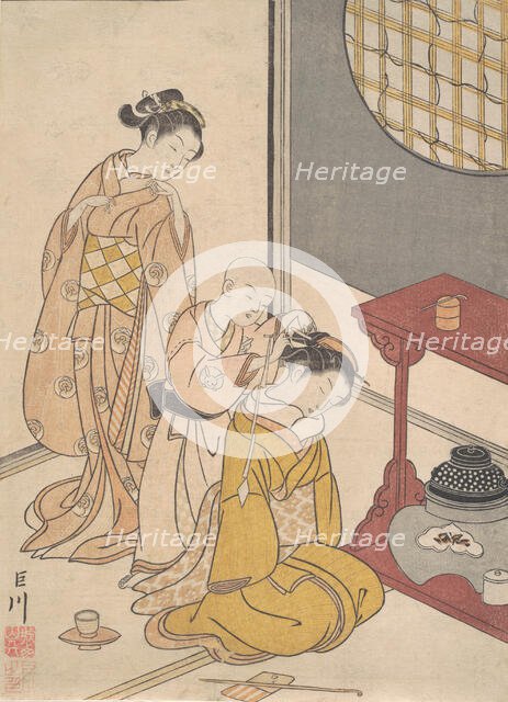 Night Rain at the Double-Shelf Stand, from the series Eight Parlor Views (Zashiki hakk..., ca. 1766. Creator: Suzuki Harunobu.